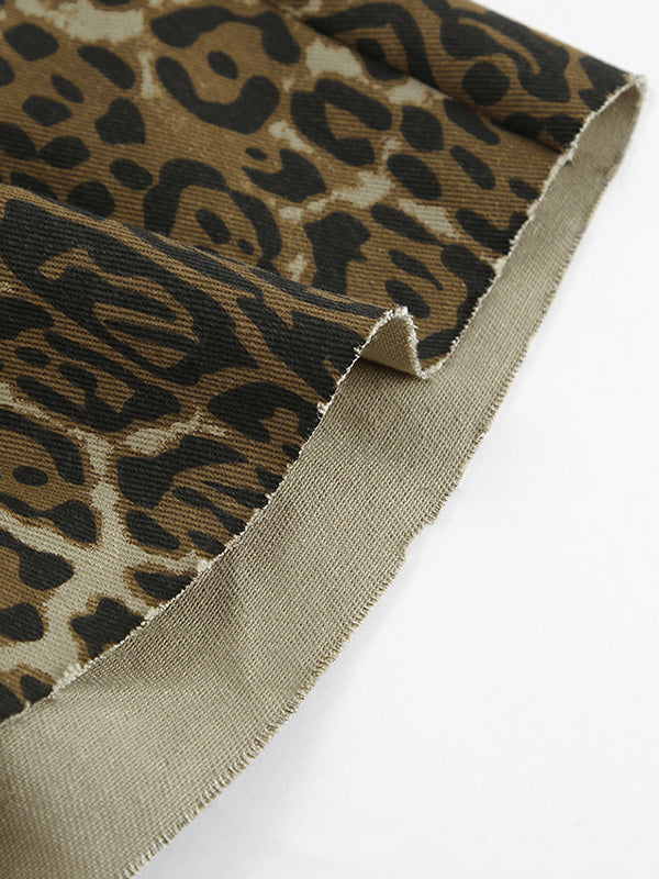 Elasticity Leopard Pockets Split-Joint Zipper High Waisted Loose Shorts Bottoms
