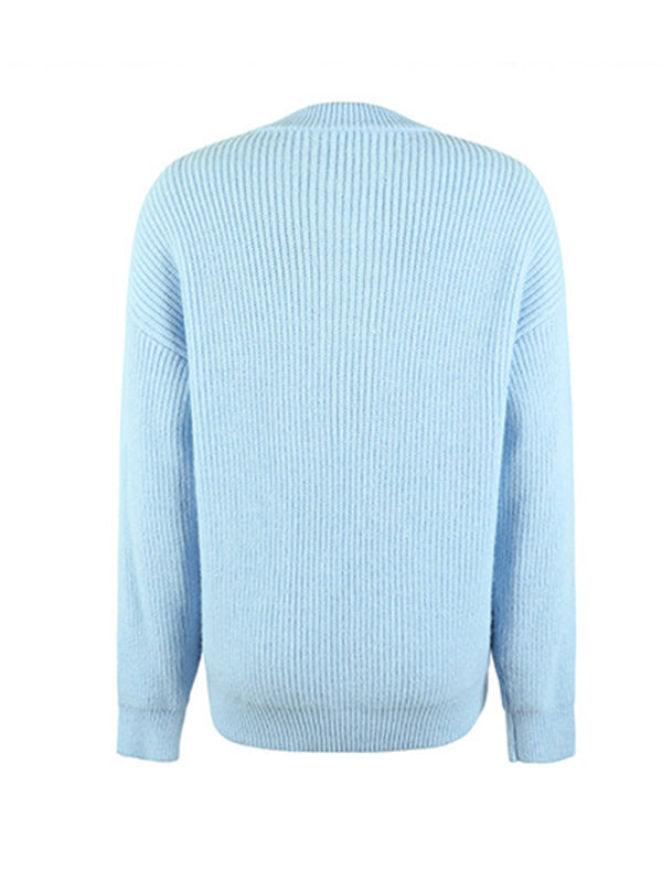 Casual Long Sleeves Solid Color Round-Neck Sweater Tops
