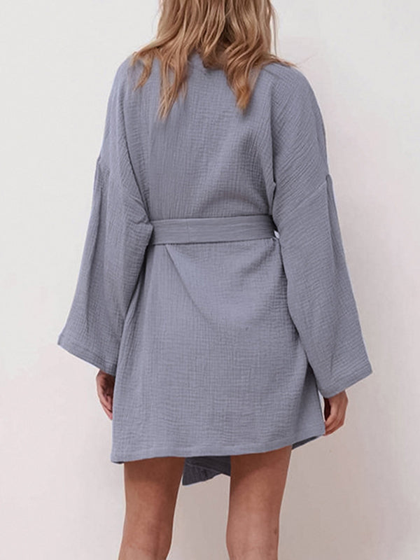 Ribbed Solid Color Long Sleeves Loose V-Neck Robes Pajamas