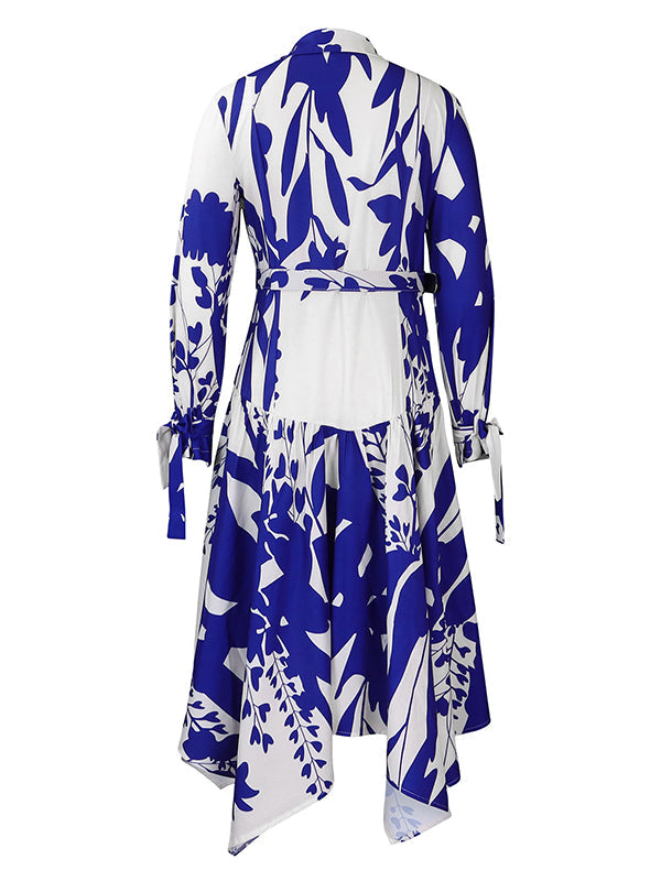 Lace-Up Pleated Printed Split-Joint Tied Waist Irregular clipping Long Sleeves Lapel Shirt Dress Maxi Dresses