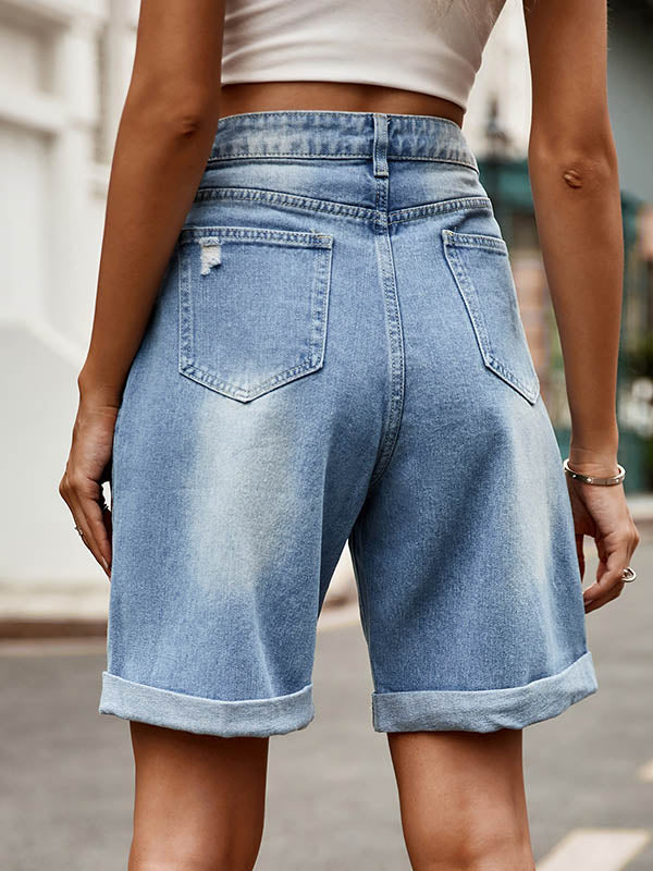 Buttoned Pockets High Waisted Loose Shorts Bottoms Jean Pants Bottoms
