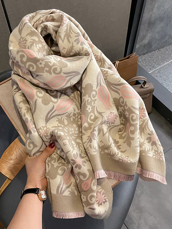 Fringed Keep Warm Knitted Flower Shawl&Scarf