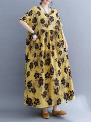 Pleated Printed Split-Joint Loose Short Sleeves Round-Neck Midi Dresses