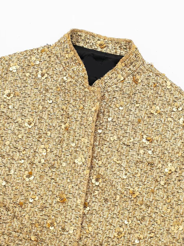 Elasticity Sequined Split-Joint Long Sleeves Loose Stand Collar Outerwear