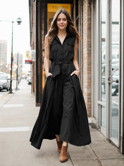 Buttoned Pleated Pockets Split-Joint Tied Loose Sleeveless Lapel Jumpsuits