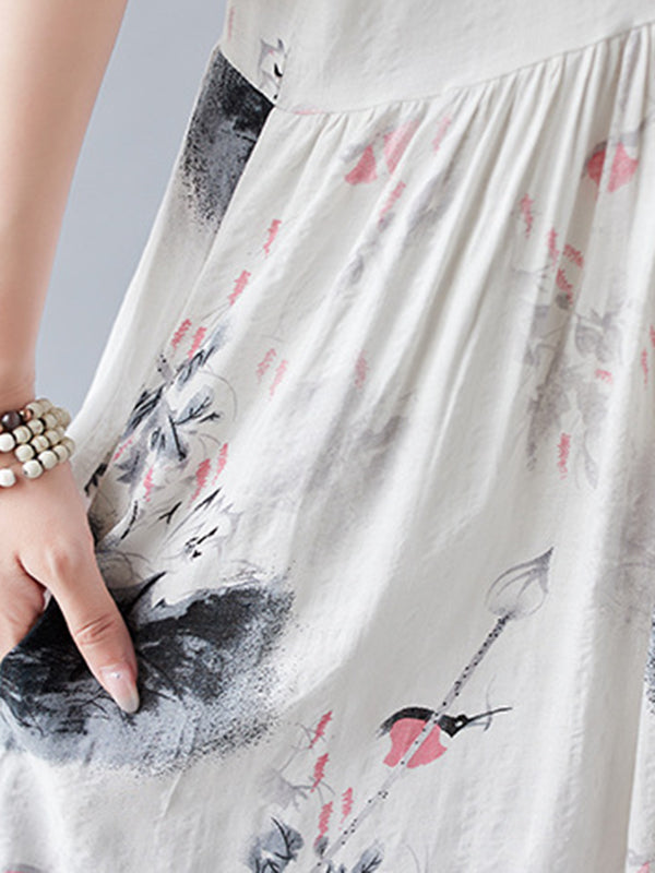 Pleated Printed Split-Joint Loose Short Sleeves Round-neck Midi Dresses