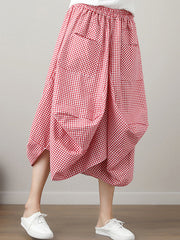 Elasticity Plaid Pleated Pockets High Waisted Irregularity Skirts