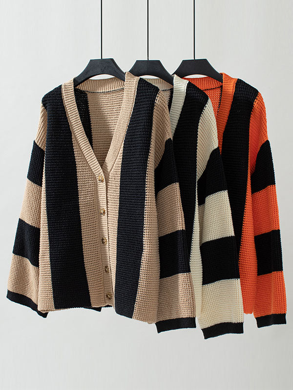 Buttoned Contrast Color Split-Joint Striped Long Sleeves Loose V-Neck Cardigan Tops