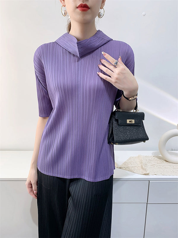 Pleated Solid Color Half Sleeves Hooded Mock Neck T-Shirts Tops