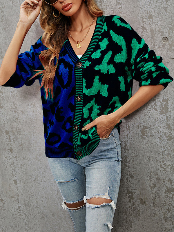Buttoned Leopard Split-Joint Long Sleeves Loose V-Neck Cardigan Tops