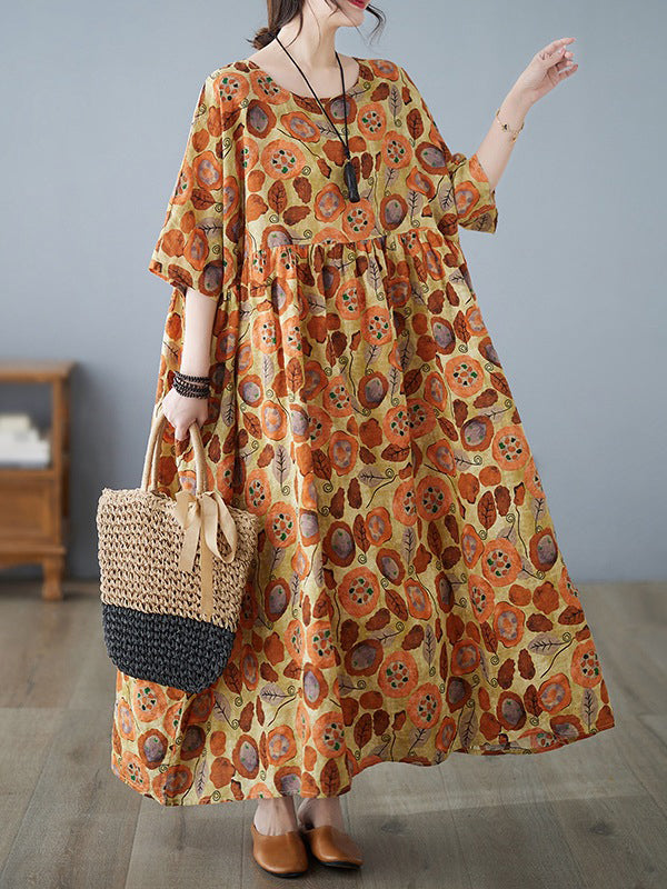 Pleated Split-Joint Batwing Sleeves Loose Round-Neck Midi Dresses