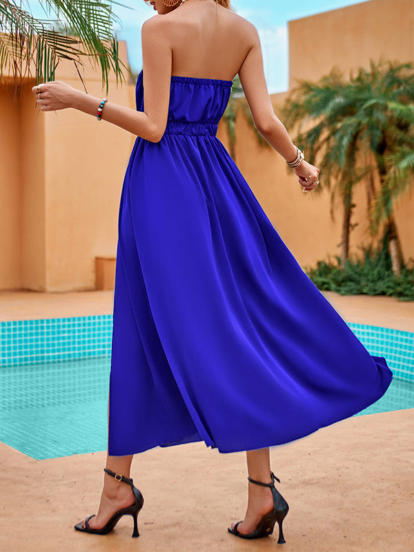 Chains Elasticity Pleated Split-Front A-Line Sleeveless Tube Midi Dresses