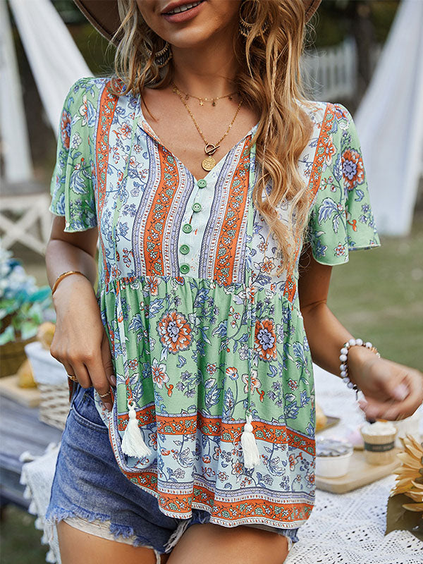 Buttoned Flower Print Split-Joint Tasseled Tied Loose Short Sleeves V-Neck T-Shirts Tops