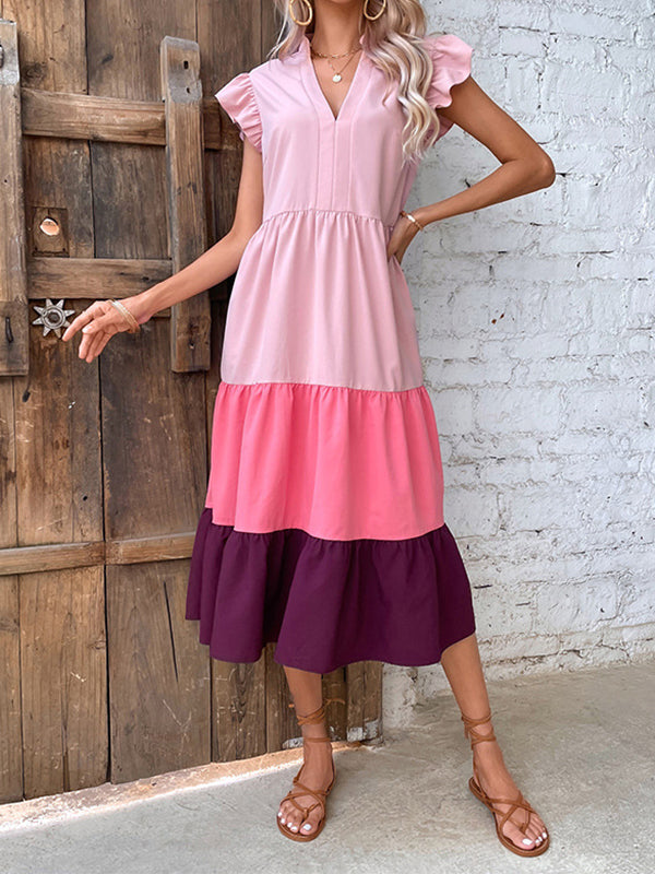 Contrast Color Pleated Split-Joint Loose Sleeveless V-Neck Midi Dresses