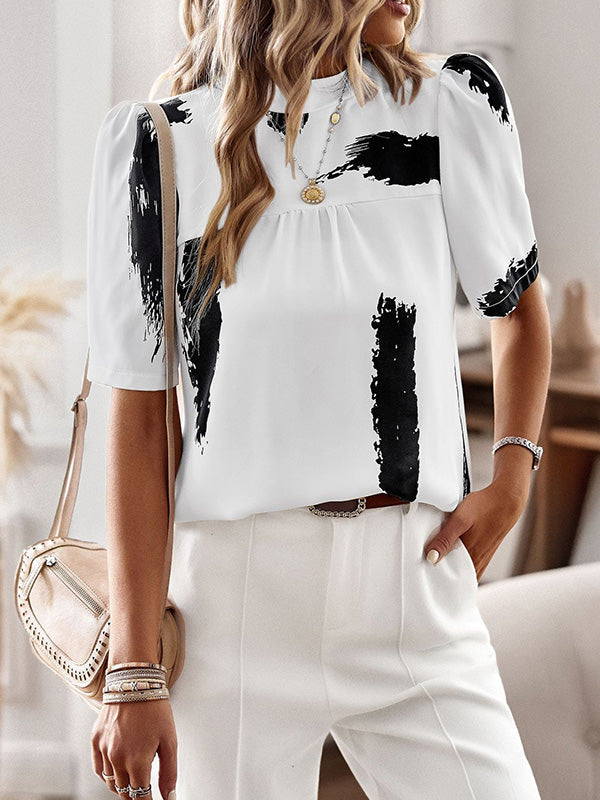 Printed Split-Joint Loose Short Sleeves Mock Neck T-Shirts Tops