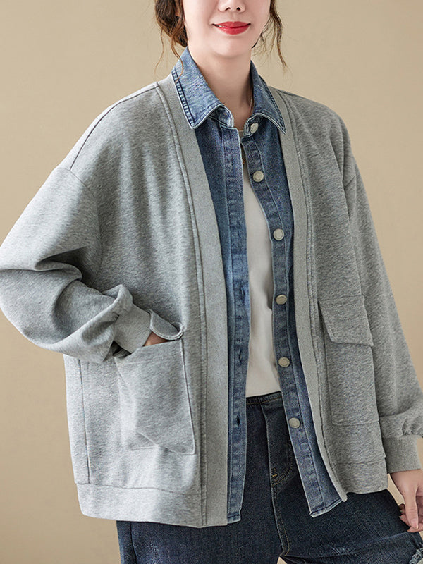 Casual False Two Loose Buttoned Contrast Color Split-Joint Lapel Collar Outerwear