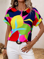 Contrast Color Hollow Printed Split-Joint Loose Short Sleeves Round-neck T-Shirts Tops