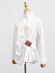 Long Sleeves Loose Buttoned Pleated Solid Color Lapel Blouses&Shirts Tops