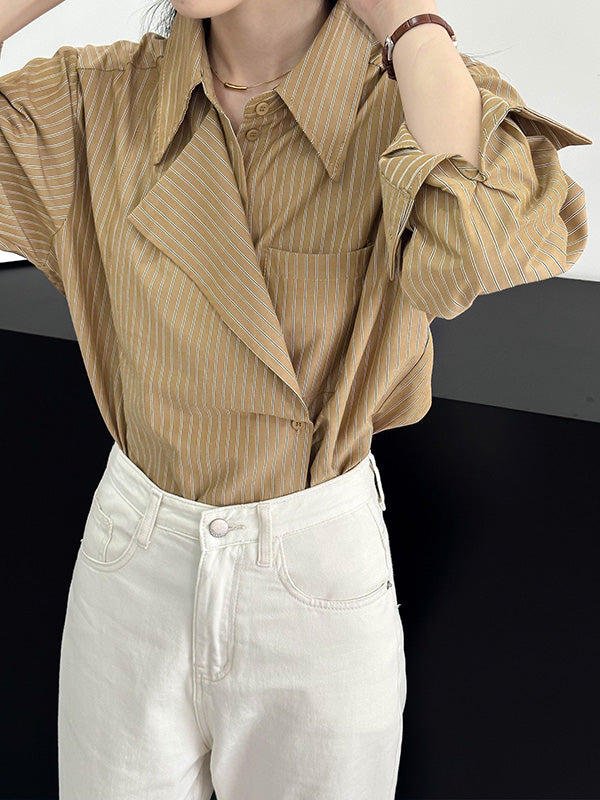 Asymmetric Split-Joint Striped Long Sleeves Loose Lapel Blouses