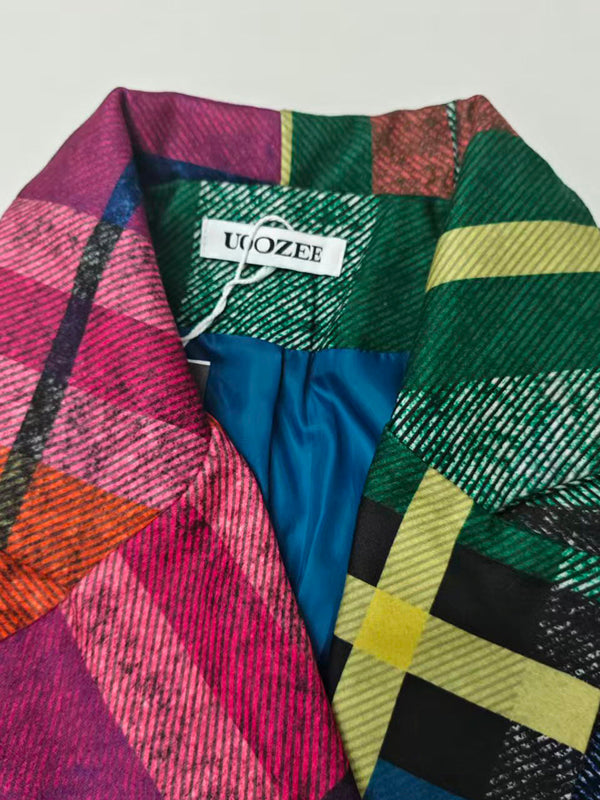 Loose Three-Quarter Sleeves Contrast Color Plaid Split-Joint Lapel Outerwear Windbreakers Woolen Coat