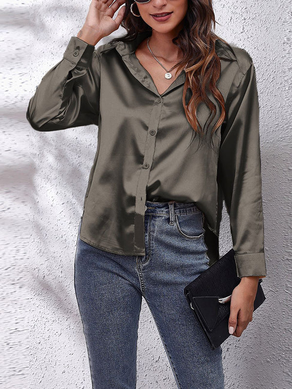 Solid Color Long Sleeves Loose Lapel Blouses