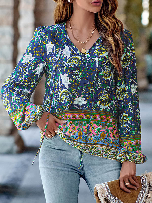 Elasticity Flower Print Tied Long Sleeves Loose V-Neck Blouses&Shirts Tops