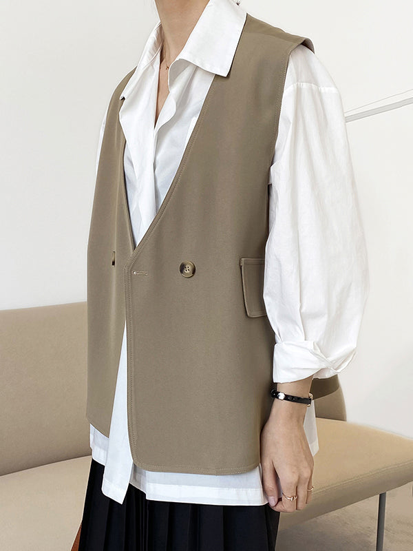 Pockets Split-Joint Loose Sleeveless V-Neck Vest Top