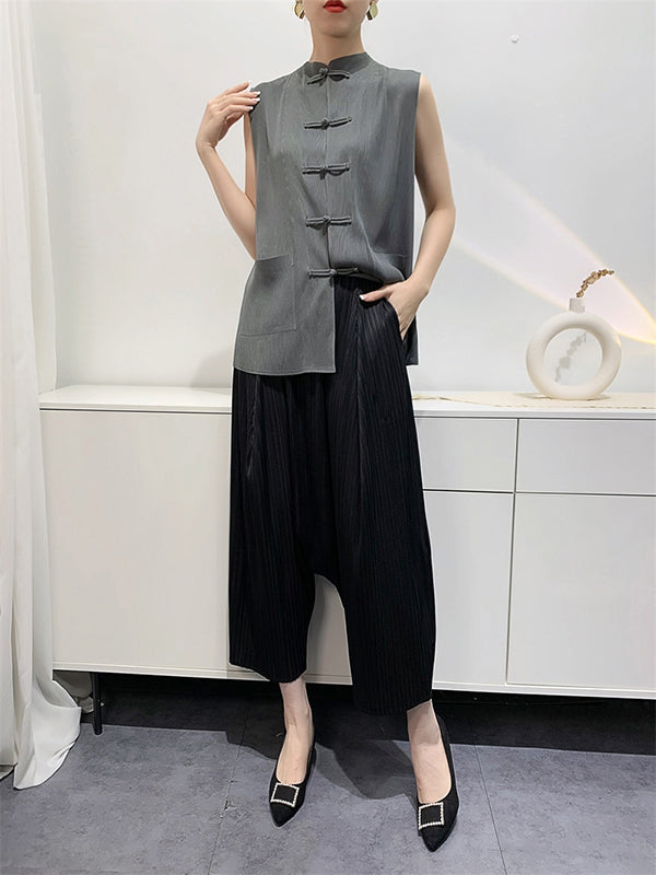 Elasticity Pleated Solid Color Split-Joint Harem Pants High Waisted Trousers Pants Ninth Pants