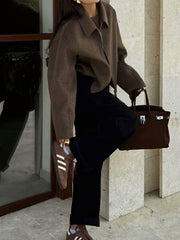 Solid Color Split-Joint Zipper Long Sleeves Loose Lapel Woolen Coat Outerwear