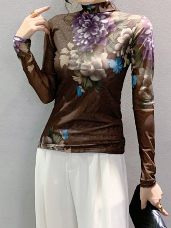 Floral Printed See-Through Split-Joint Long Sleeves Plus Size High Neck T-Shirts
