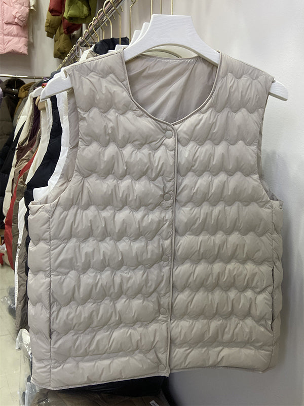 Buttoned Quilted Solid Color Loose Sleeveless Round-Neck Padded Vest