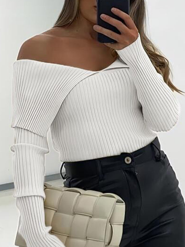Solid Color Long Sleeves Skinny Off-The-Shoulder Sweater Tops