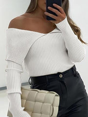 Solid Color Long Sleeves Skinny Off-The-Shoulder Sweater Tops