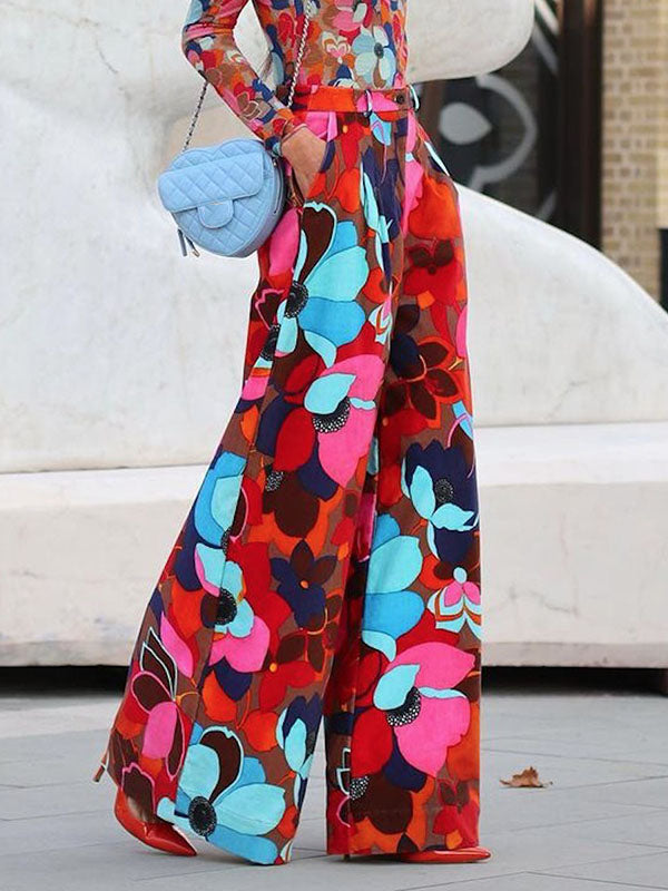 Contrast Color Floral Printed Flower Print Loose Wide Leg Trousers Casual Pants Bottoms