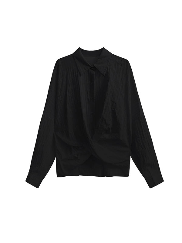 Buttoned Solid Color Long Sleeves Loose Lapel Blouses&Shirts Tops