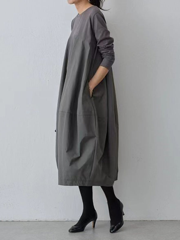 Split-Joint Long Sleeves Loose Round-Neck Midi Dresses