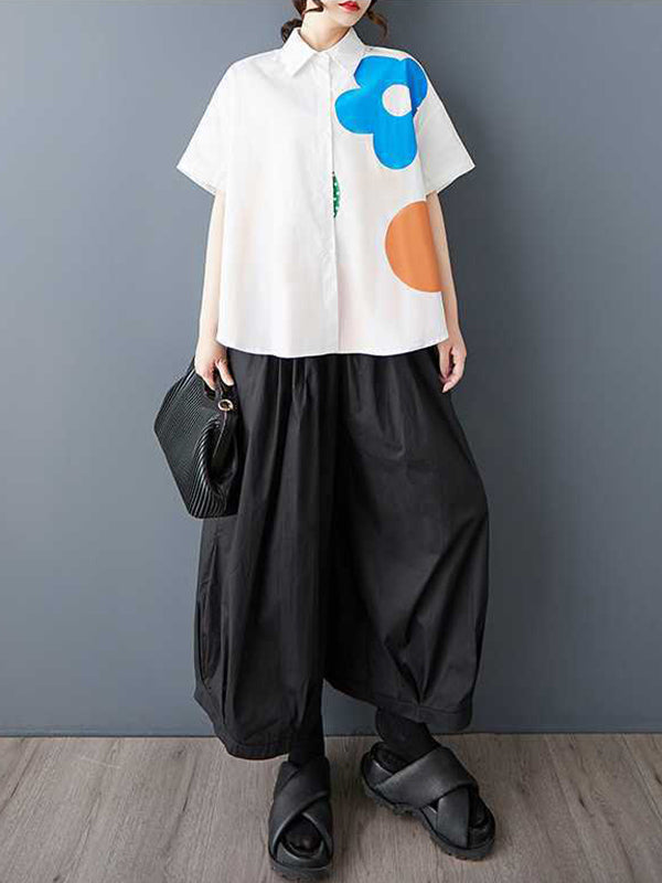 Buttoned Flower Print Loose Short Sleeves Lapel Blouses&Shirts Tops