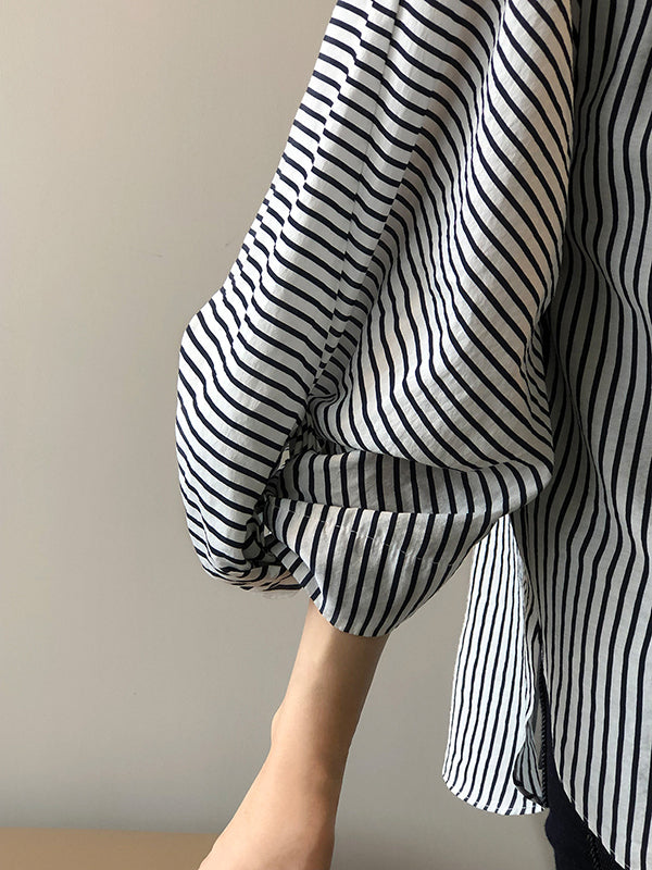 Trendy Tops Three-Quarter Sleeves Batwing Sleeves Striped Round-Neck Blouses