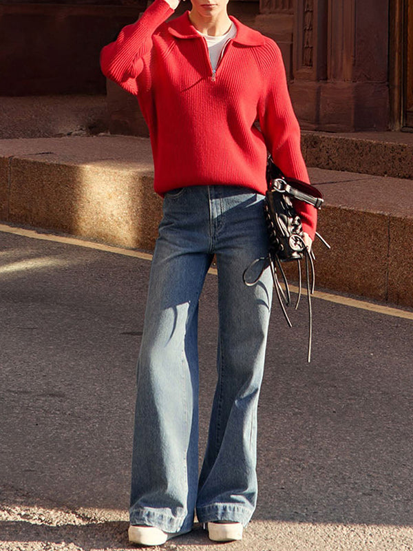 Solid Color Zipper Long Sleeves Loose Lapel Sweater Tops Pullovers