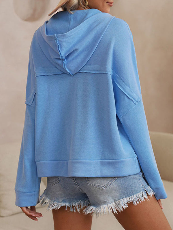 Buttoned Split-Joint Velvet Hooded Long Sleeves Sweatshirt Tops