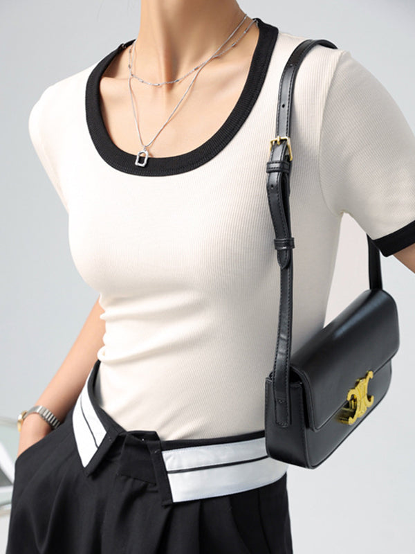 Contrast Color Short Sleeves Skinny Round-Neck T-Shirts