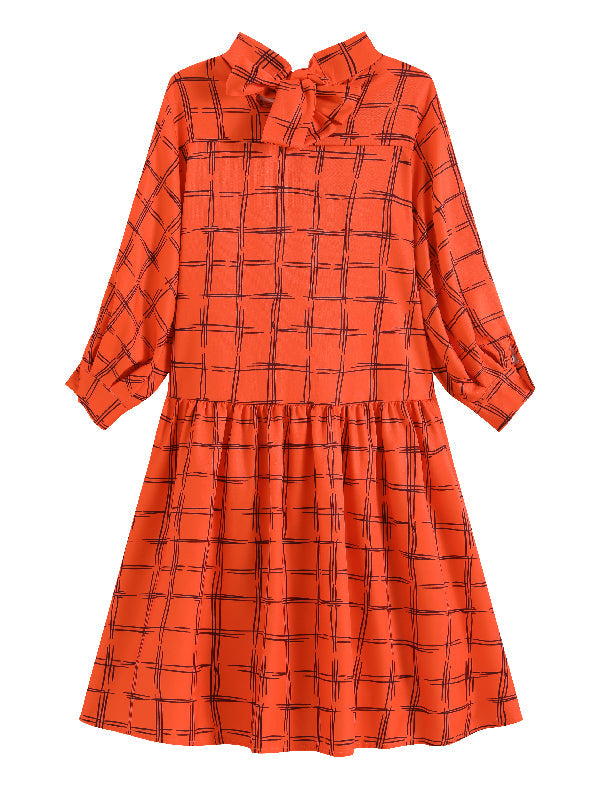 Original Creation Loose Puff Sleeves Plaid High-Neck Midi Dresses