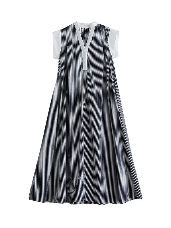 Buttoned Striped Cap Sleeve Loose Lapel Shirt Dress Maxi Dresses