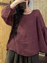 Pleated Solid Color Long Sleeves Loose Round-Neck T-Shirts