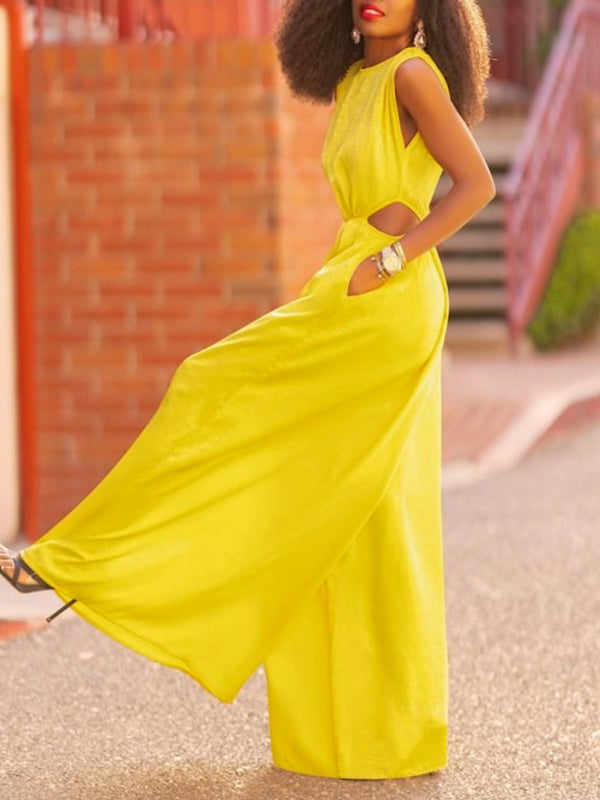 Hollow Solid Color Loose Wide Leg Round-neck Jumpsuits
