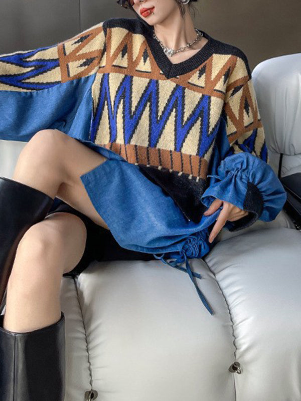 Drawstring Split-Joint False Two Long Sleeves V-Neck Sweater