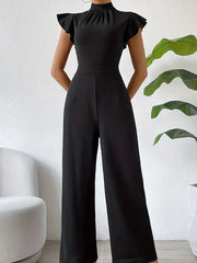 Pleated Ruffled Solid Color High Waisted Loose Mock Neck Jumpsuits