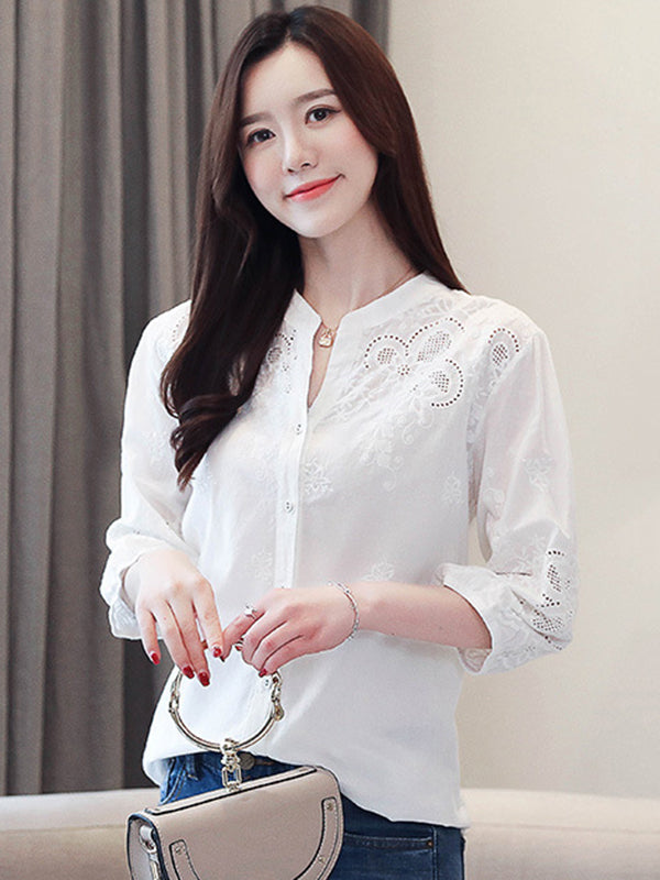 Vintage Half Sleeves Hollow Embroidered White Blouse