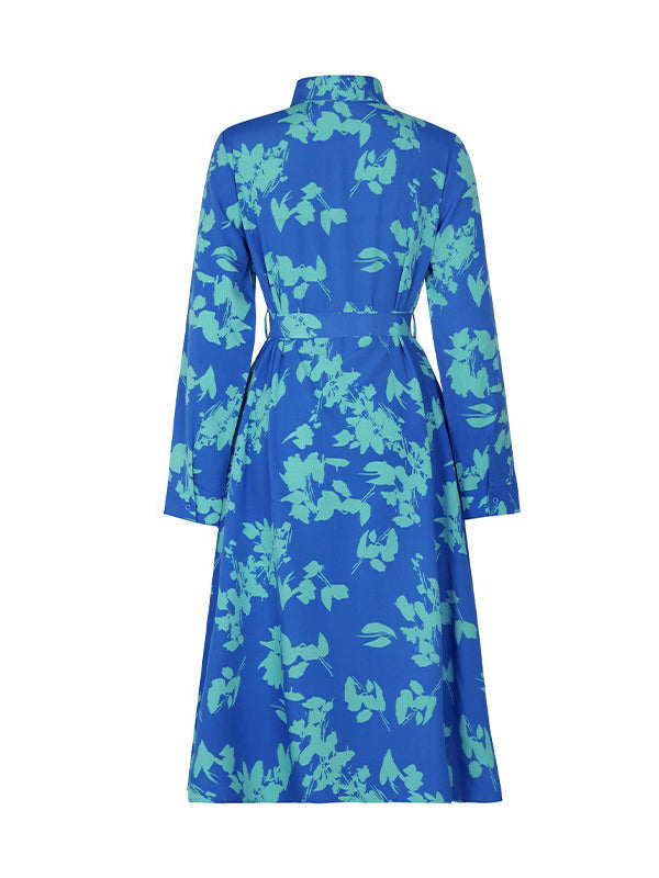 Printed Split-Joint Tied Waist Long Sleeves Loose Lapel Shirt Dress Midi Dresses