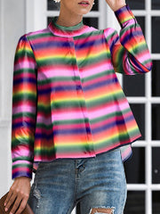 Buttoned Multi-Colored Printed Long Sleeves Mock Neck Blouses&Shirts Tops